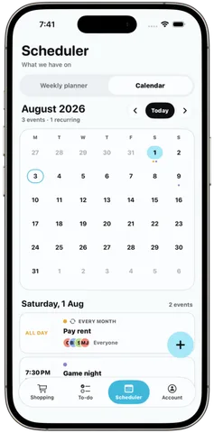 The shared house calendar, showing a month view with rent due and game night on the first of the month.