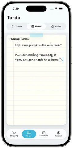 The shared house notes page, with handwritten-style notes about leftovers and an upcoming plumber visit.