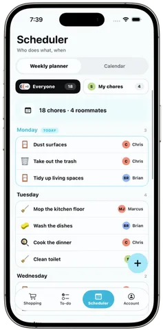 The weekly planner, showing chores grouped by day of the week and assigned to individual roommates.